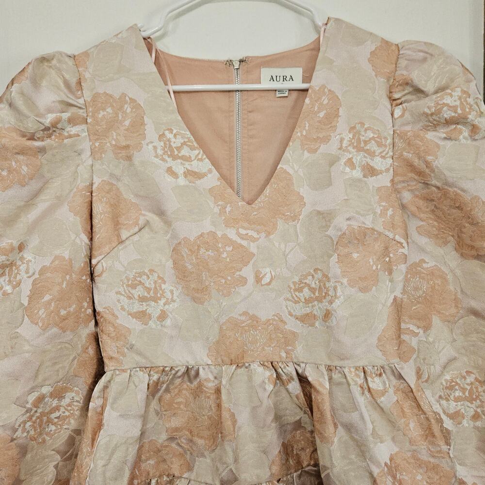 NWT Aura by Red Dress Shiny Cream/Pink Fit & Flare Tiered Mini Dress Size S - Picture 3 of 9